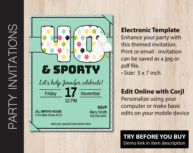 Editable 40 & Sporty Party Invitation