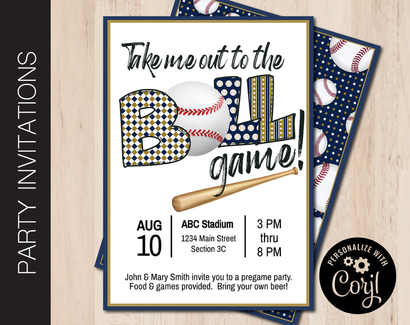 Editable Blue & Gold Baseball Tailgate Party Invitation