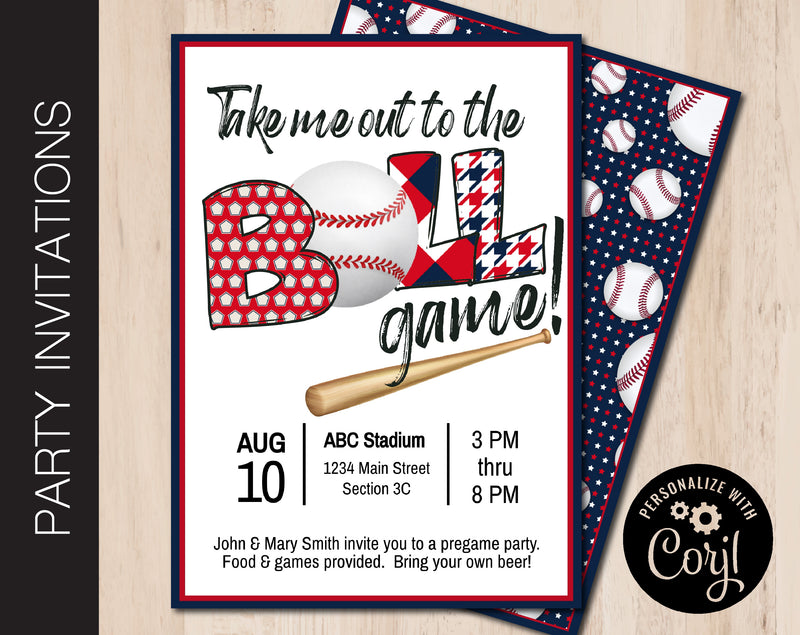 Editable Blue & Red Baseball Tailgate Party Invitation