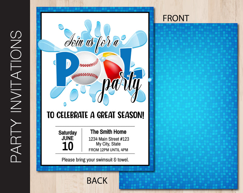 Editable Baseball Pool Party Invitation