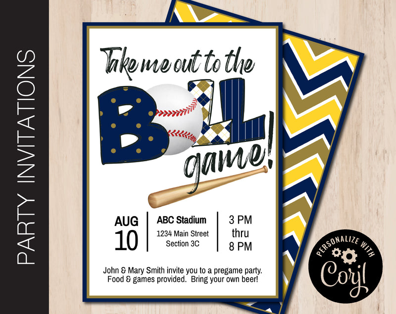 Editable Blue & Gold Baseball Tailgate Party Invitation