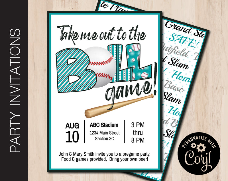 Editable Black &  Aqua Teal Baseball Tailgate Party Invitation