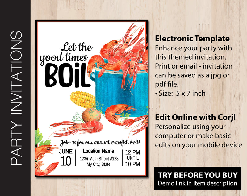 Editable Crawfish Boil Party Invitation