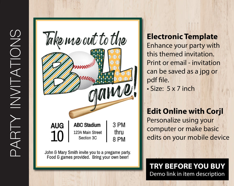 Editable Green & Gold Baseball Tailgate Party Invitation