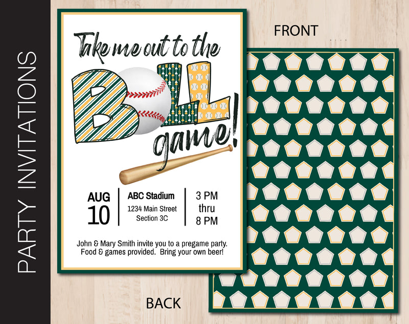 Editable Green & Gold Baseball Tailgate Party Invitation