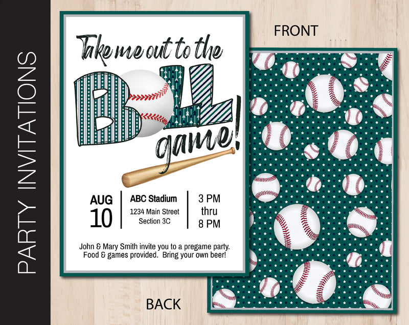 Editable Green & Silver Baseball Tailgate Party Invitation