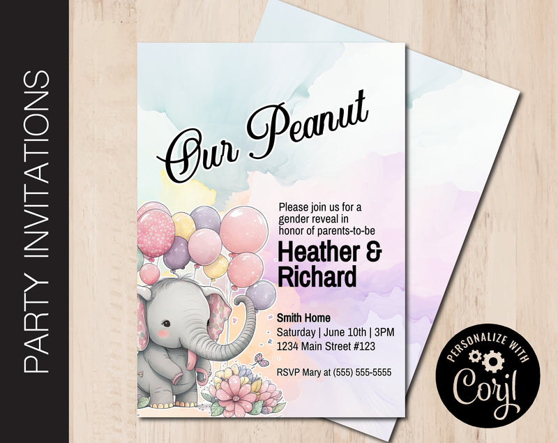 Editable Baby Elephant Gender Reveal Party Invitation