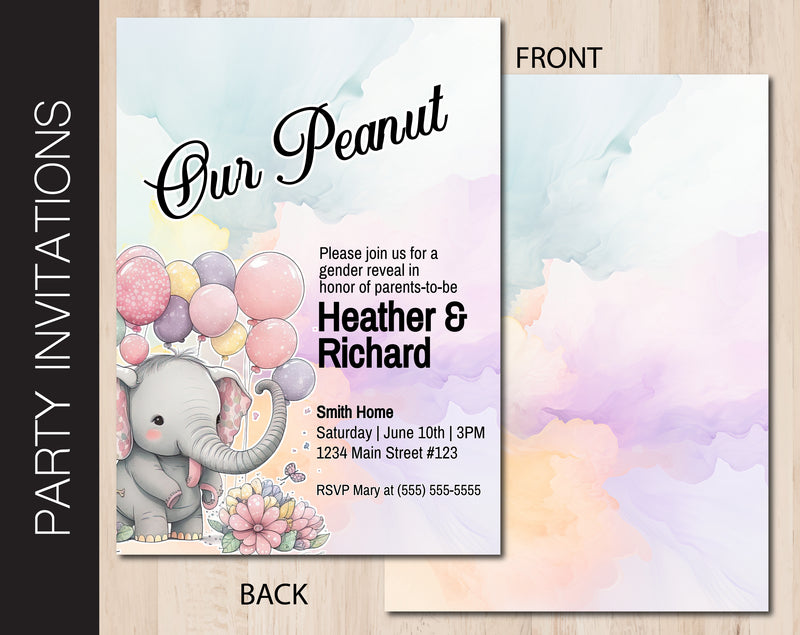 Editable Baby Elephant Gender Reveal Party Invitation