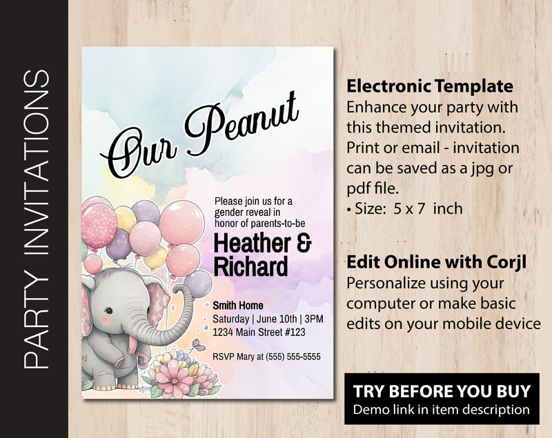 Editable Baby Elephant Gender Reveal Party Invitation