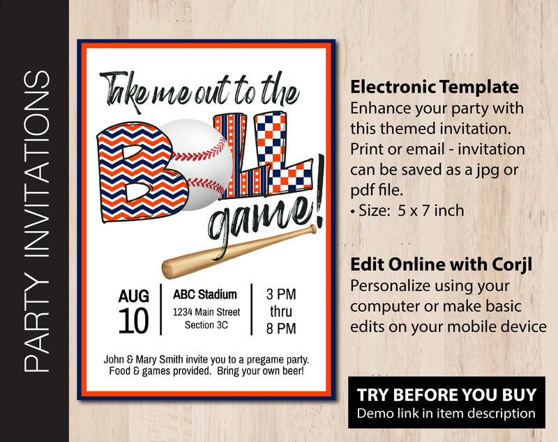 Editable Orange & Blue Baseball Tailgate Party Invitation