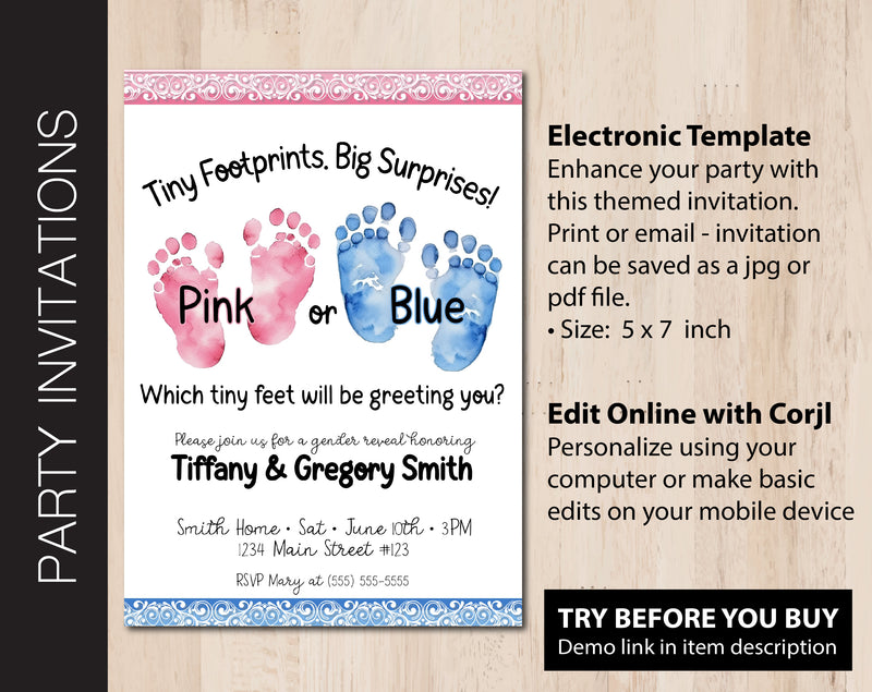 Editable Baby Footprints Gender Reveal Party Invitation