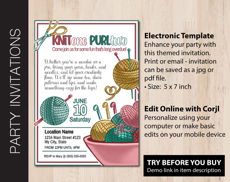 Editable Knitting Party Invitation