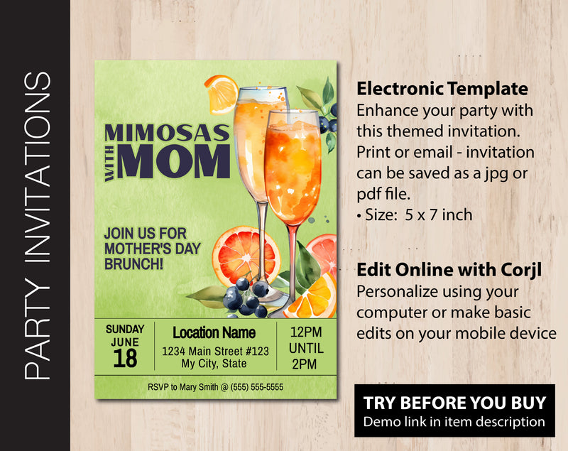 Editable Mimosa's with Mom Brunch Invitation