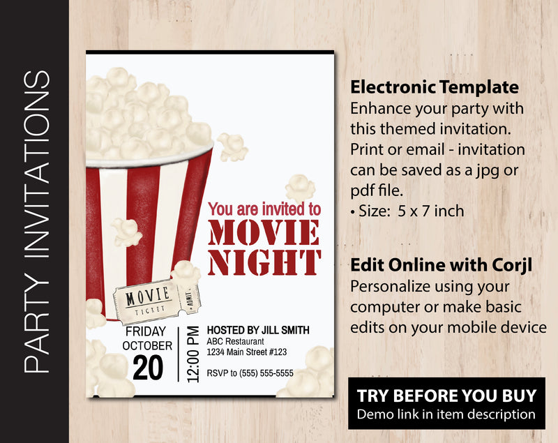 Editable Movie Night Party Invitation