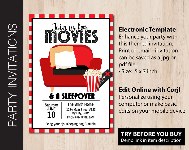 Editable Movie Night Party Invitation