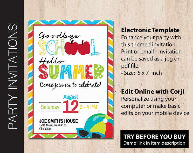 Editable Goodbye School Hello Summer Party Invitation