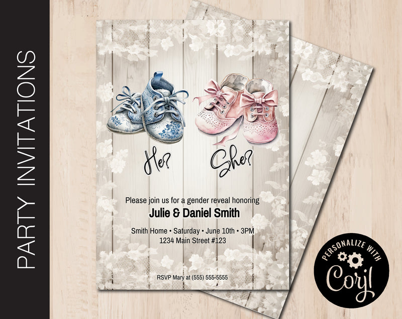 Editable Baby Booties Gender Reveal Party Invitation