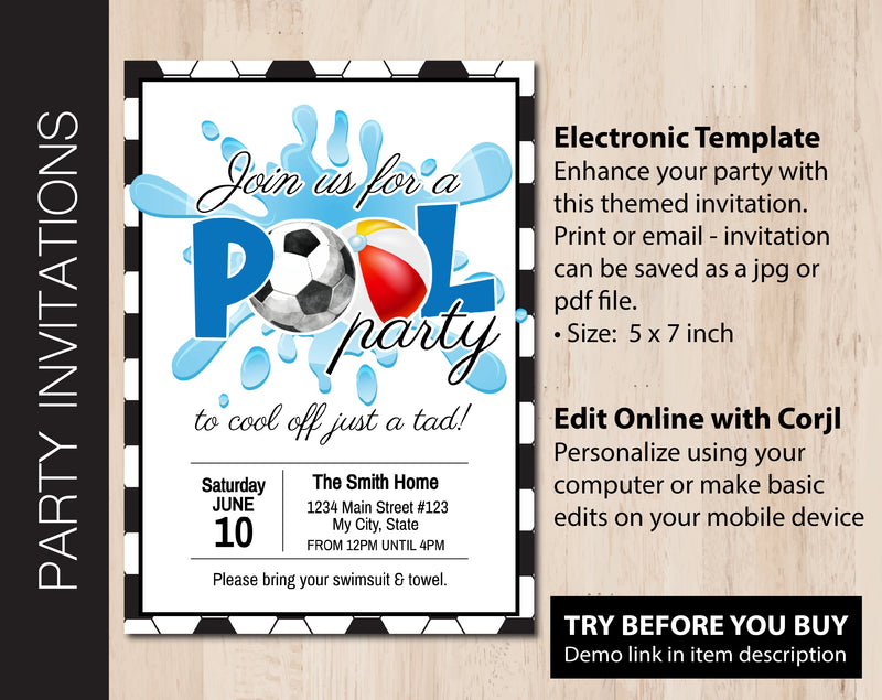 Editable Soccer Pool Party Invitation