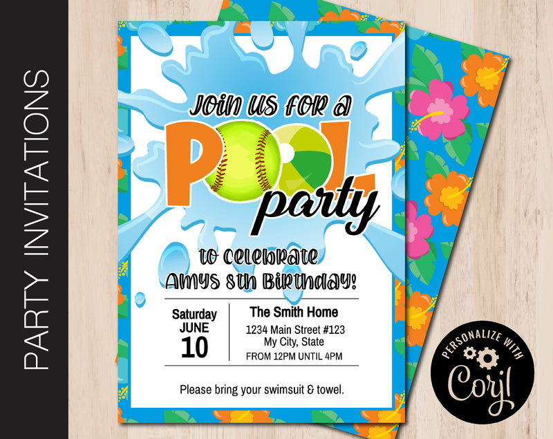 Editable Softball Pool Party Invitation