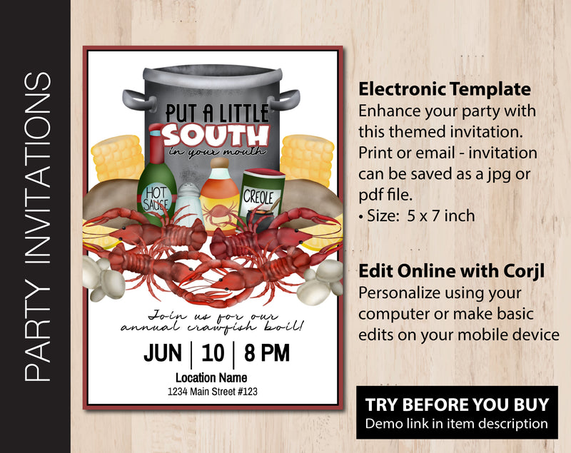 Editable Crawfish Boil Party Invitation