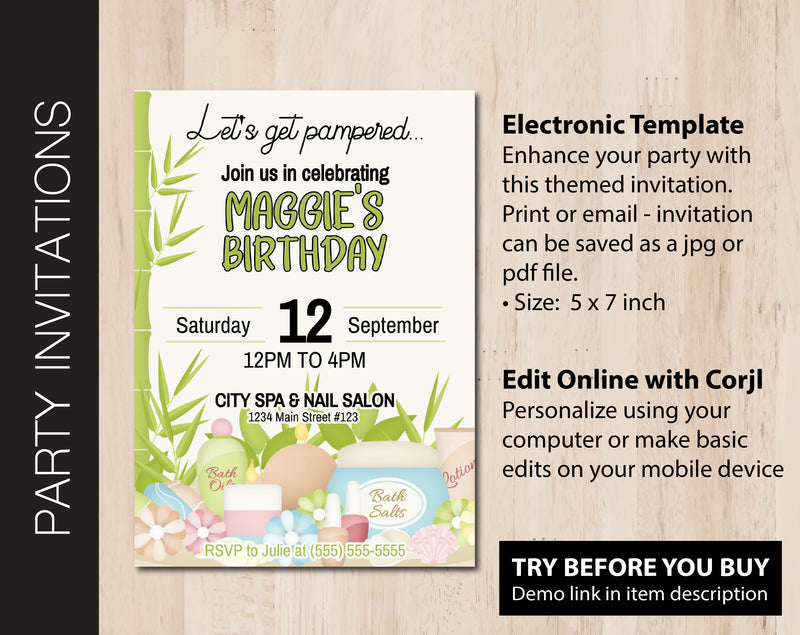 Editable Spa Party Invitation