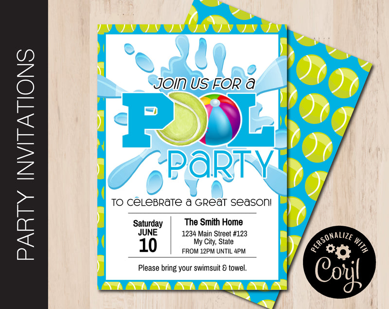 Editable Tennis Pool Party Invitation