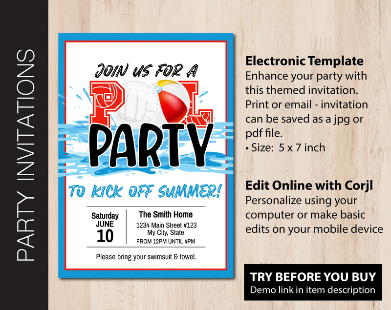 Editable Volleyball Pool Party Invitation